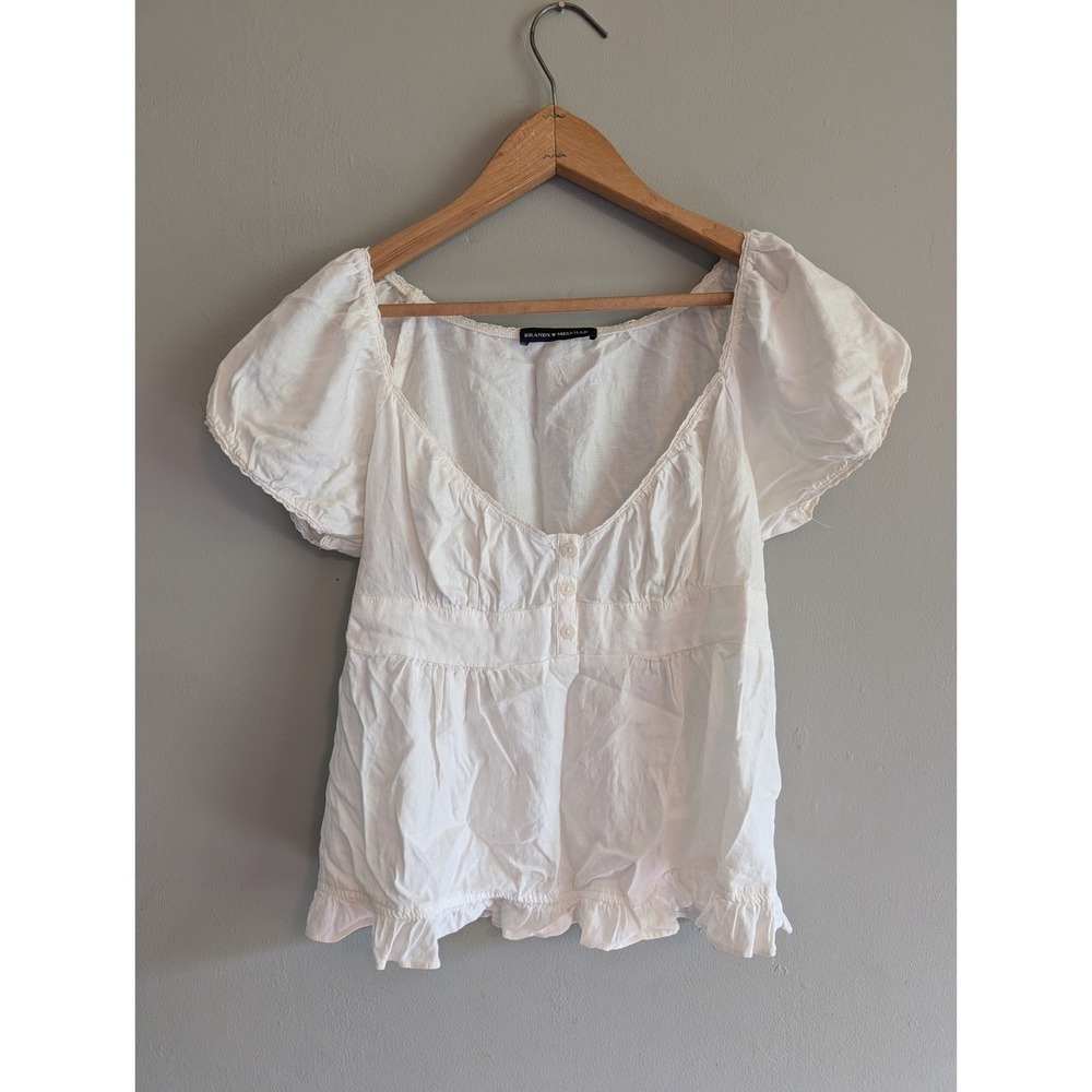Brandy Melville White Puff Sleeve Babydoll Blouse Peplum Linen Lace Ruffle Angel
